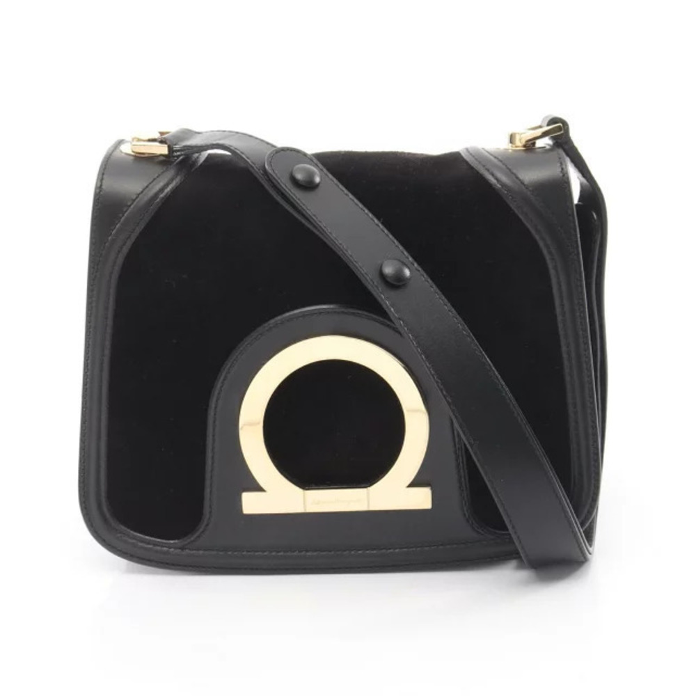 Salvatore Ferragamo Gancini Shoulder Bag Suede Leather Black